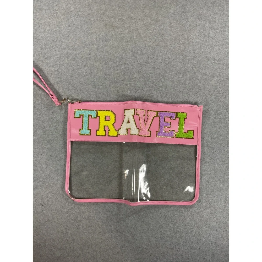 Pink Travel Pouch Wristlet Clear PVC Chenille Varsity Letter Makeup Bag